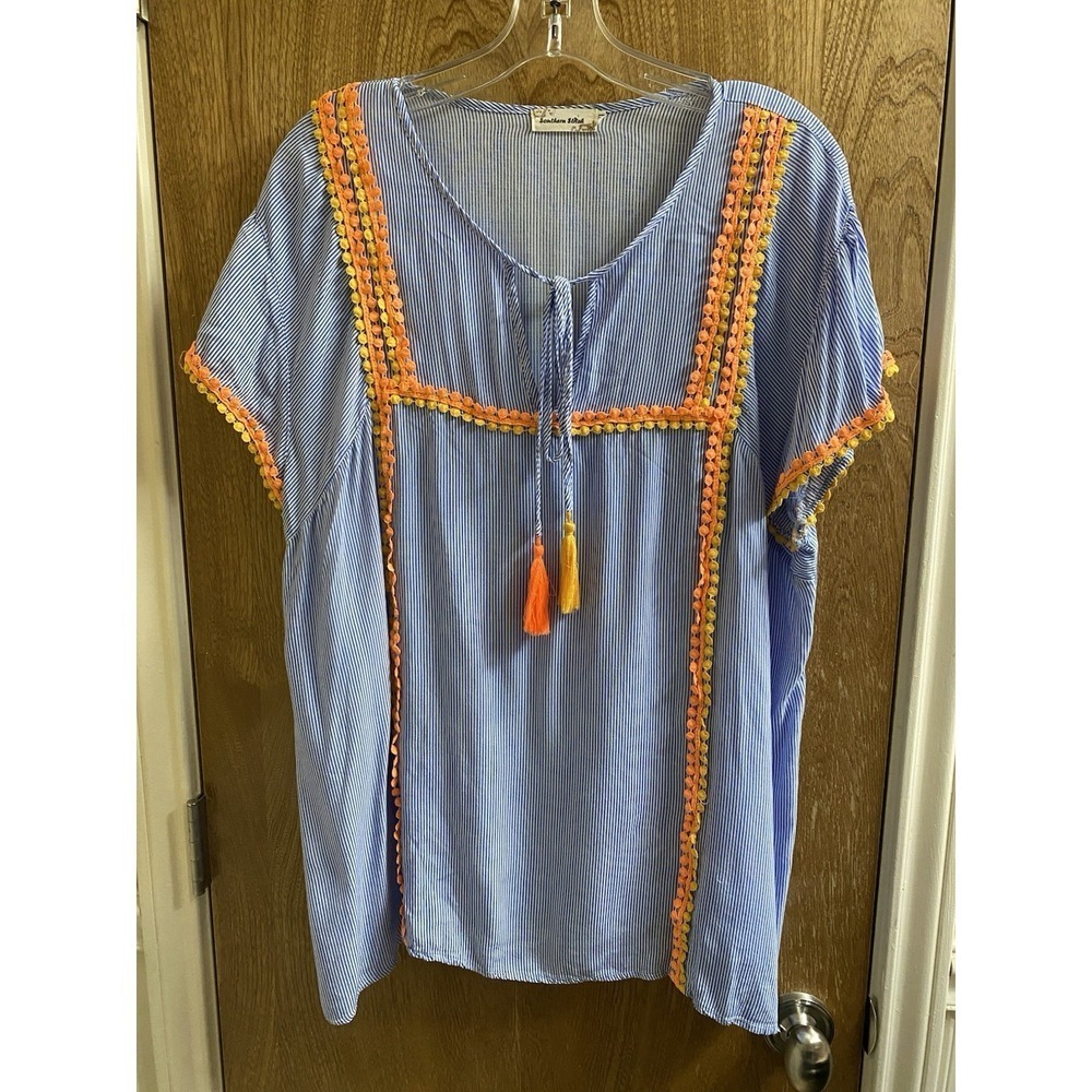 Southern Stitch Blue White Striped Top Orange Yellow Embroidery, Tassels Sz XXL